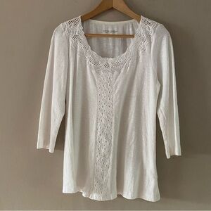 Soft Surroundings White Slub Cotton Embroidered Lace Eyelet Panel Top Size SMALL